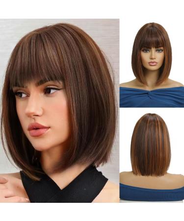 OUFEI Brown mixed Auburn Bob Wig With Bangs Short Straight Wig For Women Synthetic Hair Wigs for Daily Party Cosplay Wear Brown mixed Auburn(9059-2)