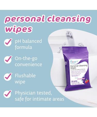Pharma-C Personal Cleansing Wipes - 2 Packs of 20 Enriched with Cranberry & Aloe Vera 99% Natural for Feminine Intimate Hygiene - Buy Online on GoSupps.com