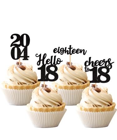 24 PCS 18th Birthday Cupcake Toppers Hello Cheers 18 Eighteen Since 2004 Cupcake Picks 18th Birthday Party Cake Decorations Supplies Black A Black 18th