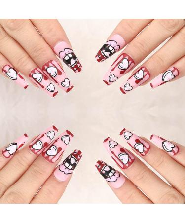Matte Long Pink Heart Artificial Nails - Full Cover with Lips Print Design | 24pcs for Women & Teen Girls - Buy Online on GoSupps.com