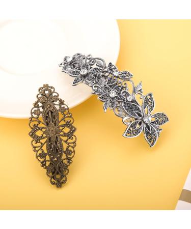 Parieo 2 Pieces Vintage Silver Leafy Barrette Antique Filigree Silver Flower Crystal Barrette Diamante Flower Design Hair Barrette - Buy Online on GoSupps.com