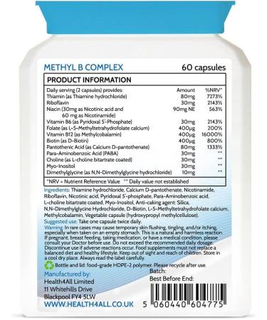 Methyl B Complex 60 Capsules with Methylcobalamin & Folate - Stress Support & Energy - Made in UK by Health4All - Buy Online on GoSupps.com