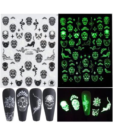 Halloween Nail Art Stickers Glow in The Dark Nail Decals 3D Self-Adhesive Fluorescent Nail Stickers Skull Spider Witch Ghost Pumpkin Bat Snake Nail Design Halloween decorations - Buy Online on GoSupps.com