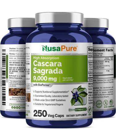 NusaPure Cascara Sagrada 9 000mg - 250 Vcaps (Bioperine Non-GMO 10:1 Extract) | International Shipping Available - Buy Online on GoSupps.com