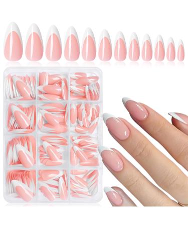 240Pcs French Tip Press on Nails Medium Fake Nails Almond Nails Press ons White French Tip Glue on Nails Nude Acrylic Nails for Women Girls Artificial Fingernails White French Almond Nails