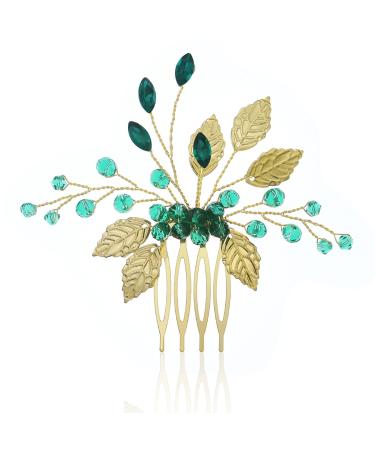 Hair Clip Bridal Flower Side Vine Comb Women Gold Leaf Headpiece Emerald Green Crystal Wedding Prom Accessories Bridesmaid Girl Rhinestone Hair Piece Headress