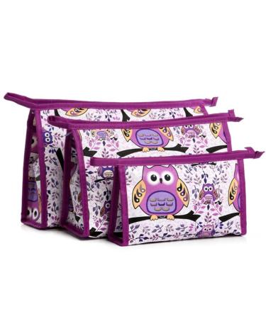 XICHEN 3 in 1 Zippered Cosmetic Bag for Vacation Bathroom Storage (3 Sizes) (Owl Purple) Purple Owl