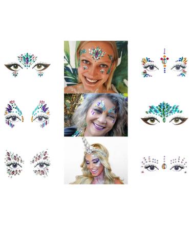 Face Gems 6 Sets Women Face Jewels Gems Crystals Face Jewels Stick on Face Body Temporary Fit for Festival Carnival Party Makeup