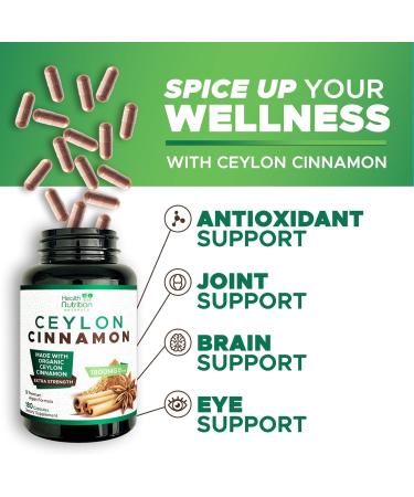 Ceylon Cinnamon Capsules 1800mg - Extra Strength Certified Organic True Cinnamon Powder Formula for Energy & Heart Support Bottled in USA Non-GMO Gluten Free Sugar Free Supplement 180 Capsules 180 Count (Pack of 1) - Buy Online on GoSupps.com