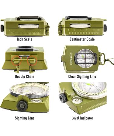 Lensatic Military Compass for Hiking - Tritium Compass Military Grade Style Camping Backpacking | Tactical Army Compass Survival Navigation | TurnOnSport Waterproof Sighting Compass with Pouch Green - Buy Online on GoSupps.com