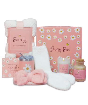 DaisyBee(7PC) Birthday Gift Hamper for Women, Get Well Soon Gift Set, Self Care Gifts for Girls with Cozy Blanket, Bow Headband, Aroma Candle, Tumbler, Mothers Day Gifts, Relaxation Care Package Set