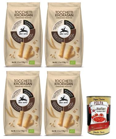 Alce Nero Tocchetti Lot of 4 breadsticks with organic khorasan wheat and extra virgin olive oil 150g package + Italian Gourmet Polpa di Pomodoro box 400g