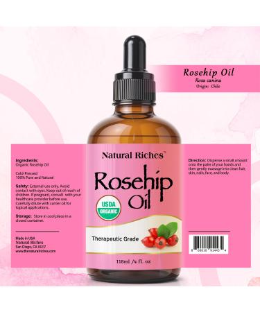 Natural Riches Organic Rosehip Seed Oil - 100% Pure Cold Pressed Unrefined Non-GMO Carrier Oil for Skin Hair & Nails - 4 fl oz - Buy Online on GoSupps.com