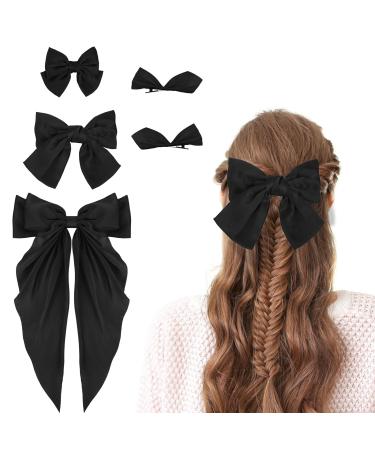 5Pcs Black Hair Bow Satin Silk Bow Hair Clips Big Hair Bows with Long Tail Vintage Hair Ribbons for Women Girls Party Valentine's Day Wedding Birthday (Black 4 Sizes)