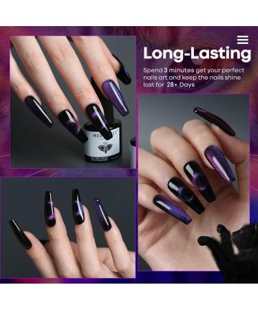 Modelones Cat Eye Gel Nail Polish Set - 6 Pcs 3 Colors - 9D Magnet Black Blue Purple Glitter Holographic with Matte & Glossy Top Coat - Soak Off LED Gel for DIY Nail Art & Manicure - Buy Online on GoSupps.com
