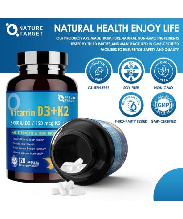 NATURE TARGET Vitamin D3 K2 with Calcium & Magnesium - 6-in-1 Complex - Max Strength for Bone, Heart & Immune - 5000 IU Vitamin D3, 120 mcg K2, Gluten-Free, 120 Servings 120 Count (Pack of 1) - Buy Online on GoSupps.com