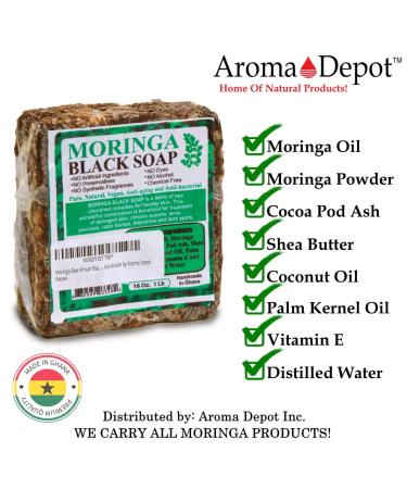 Aroma Depot Moringa Raw African Black Soap 16 oz - 100% Natural Soap for Acne, Eczema, Psoriasis, Scar Removal - Handmade Face & Body Wash - Buy Online on GoSupps.com