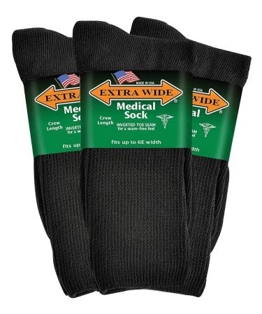 Extra Wide Men's and Women's Up to 6E Unisex Medical Mid Calf Crew 3PK Antimicrobial Made in USA! M Black