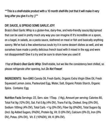 Bralas Best Garlic Whip - Garlic Lover's Sauce, Dip & Spread - Keto, Gluten-Free, Dairy-Free, Sugar-Free - 11oz - Buy Online on GoSupps.com