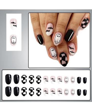 Haunted Halloween Press-On Nails | Short Oval Black Acrylic with Spooky Bat & Checkered Designs | 24 Pcs Full Cover for Women - Buy Online on GoSupps.com