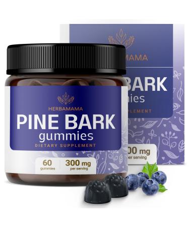 HERBAMAMA Pine Bark Extract Gummies - 300 mg French Maritime Pine Bark Extract for Antioxidant Support - Vegan Gelatin-Free Non-GMO - 60 Blueberry-Flavored Antioxidant Chews