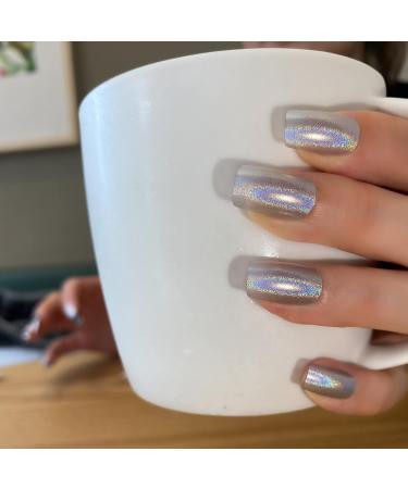Silver Chrome Holographic False Press On Nails Set - Cosmic Radiation Y2K Style | Semi-Transparent Acrylic Nail Kit with Glue for Valentine's Day & Spring - Buy Online on GoSupps.com