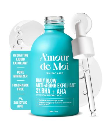 Amour de Moi 2% BHA AHA Liquid Salicylic Acid Exfoliant - Gentle Peel, Pore Minimizer, Face Exfoliator for blackheads, wrinkles with Hyaluronic acid - Fragrance-Free Hydrating for All Skin Types, 2oz