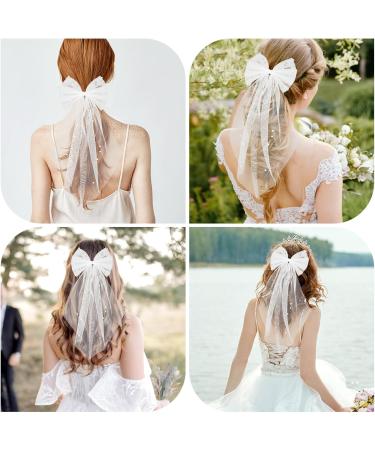 Prasacco Bridal Veil Pearl Hair Bow White Tulle Bow with Clip Wedding Veil with Pearl Elegant Tulle Layer Hair Clip Bachelorette Party Veil Hair Accessories for Wedding Bachelorette Party Women Girls - Buy Online on GoSupps.com