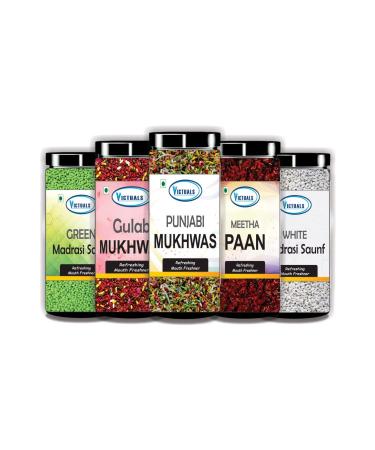 Victuals 5 in 1 Mukhwas Gulab Mukhwas Calcutta Meetha Paan Gulab Mukhwas Punjabi Mukhwas Meetha Paan White Madrasi Saunf Green Madrasi Saunf Mouth Freshener (5 x 100 g)_Packing May Vary