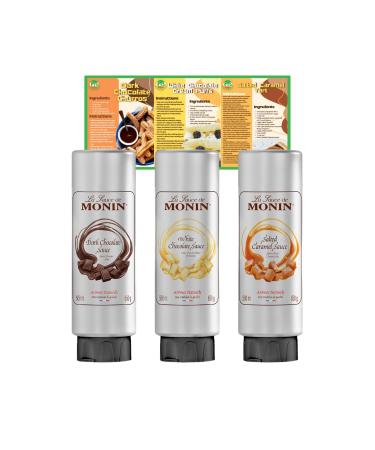 Go2 Groceries Bundle Monin Premium Chocolate Flavoured Dessert Topping Sauces (3 x 500 ml) White Dark Salted Caramel with Recipe Cards