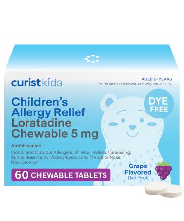 Curist Children's Allergy Medicine Chewable (Kids Loratadine 5mg) 60 Count Grape Flavor - 24 Hour Allergy Relief for Sneezing Runny Nose Itchy Eyes & Throat - Kids Allergy Medicine Chewable Tablets 60 Count (Pack of 1)
