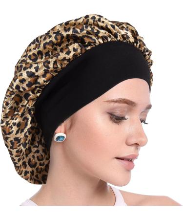 AliLeader 2Pcs Silk Hair Bonnet for Sleeping - Black+Leopard | Soft Satin Sleep Cap for Curly Hair - Buy Online on GoSupps.com
