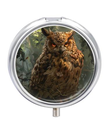 Small Travel Pill Case Round Metal Pill Box for Pocket Purse 3 Compartment Portable Pill Holder Mini Pill Organizer for Travel or Daily - owl