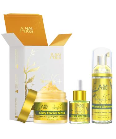 Anirui facial care set - gift set for women - anti -aging day care and night care - turmeric vitamin C facial mask + foaming facial cleaner + turmeric facial oil - Skincare - Buy Online on GoSupps.com