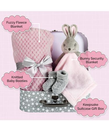 Baby Girl Gift Set - Pink Bunny Security Blanket & Booties in Keepsake Suitcase - Perfect Newborn Gift Basket for Baby Shower - Soft Fleece Blanket - Unique Baby Present - Buy Online on GoSupps.com