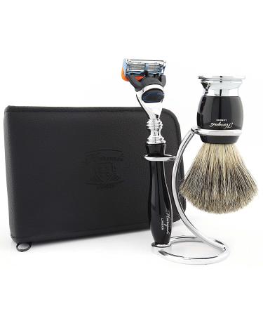 Haryali London Razor set for men 5 razor blades with shaving brush made of pure black roof hair stand leather pocket perfect gift set for men