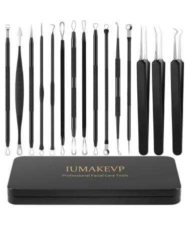 Pimple Popper Tool Kit IUMAKEVP 15 PCS Professional Stainless Steel Blackhead Remover Comedone Extractor Tools for Removing Pimples Blackheads Zit on Face - Acne Removal Kit with Metal Case (Black)