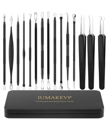 Pimple Popper Tool Kit IUMAKEVP 15 PCS Professional Stainless Steel Blackhead Remover Comedone Extractor Tools for Removing Pimples Blackheads Zit on Face - Acne Removal Kit with Metal Case (Black) - Buy Online on GoSupps.com