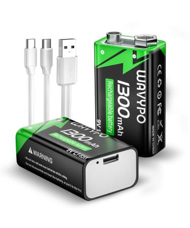 9V Rechargeable Batteries 1300mAh Lithium Batteries USB-C Charge with 2 in 1 Charging Cable for Microphone Electronic Toys Smoke Detector Alarms walkie-Talkie etc (2 Pack)