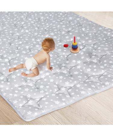 Baby Playpen Mat, Extra Large Thick Playmat, Non Slip Cushioned Baby Play Mat for Playing 79x63 Inches, One-Piece Baby Floor Mat for Infants, Babies, Toddlers Grey with star quilting 79x63 Inch