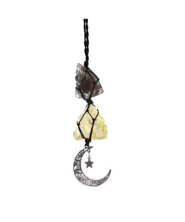 BOHO GARDEN Hanging Car Charm - Smoky Quartz & Citrine - Dangling Moon Healing Crystal Accessories Rearview Mirror Decorations Grounding Cleansing Protection Joy Abundance Clarity Energy Smoky Quartz-citrine