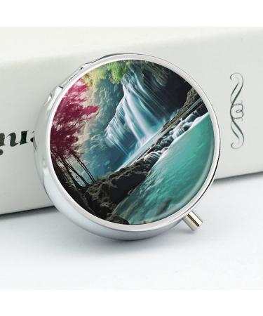 Round Pill Box - Waterfall Natural Landscape Print | 3 Compartment Portable Pill Organizer | Decorative Metal Pocket Case - Style 19 - Buy Online on GoSupps.com