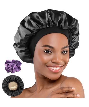 Hafree Silk Satin Bonnet, Hair Wrap Adjustable Sleep Cap with 2 Pieces of Scrunchies for Black Women Men Double Layer Lined Bonnets for Curly Braid Hair (Black)