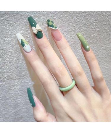 Temperament enhancement manicure long green white checkerboard hand-painted love bow super white pure hand-worn armor.(XS)