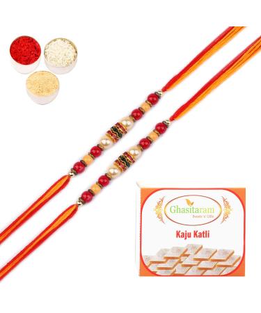 Ghasitaram Gifts Rakhi for Brother Rakhis Online - Set of 2 - rs-140 Pearl Rakhi for My Brother with 200 GMS of Kaju katli Set of 2 Rakhis with 200 gms of Kaju katli