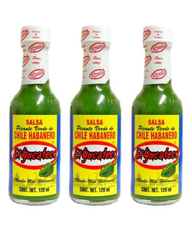El Yucateco Habanero Green 120ml (Pack 3) / Mexican Hot Sauce Spicy Habanero Chilli Pepper Salsa Sauce for Tacos Nacho Dip