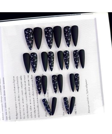 Justotry 24 Pcs Stiletto Fake Nails Long with Star Black French Press on Nails - Almond Stick on Nails for Women | Acrylic Extra Long False Nails with Glue for Nail Art - Buy Online on GoSupps.com