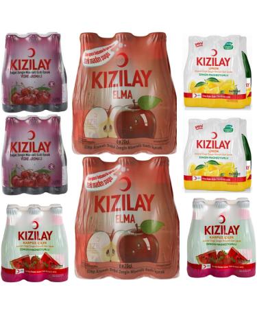 KIZILAY 48 Bottles Natural Mineral Water Mixed Fruit Flavor (Cherry, Apple, Watermelon, Lemon), Rich Mineral Water with Bicarbonate and Sodium 200ml