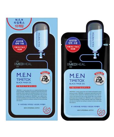 Mediheal M.E.N Timetox Black Mask EX - Pack of 10 | Sebum Control & Pore Purifying Facial Mask Sheet for Oily Skin | Anti-Wrinkle & Moisturizing Formula - Buy Online on GoSupps.com