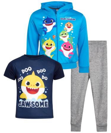 Nickelodeon Boys' 3 Piece Sweatsuit Set  Jogger Pants, Zip Up Hoodie Sweatshirt, and T Shirt (2T-7) Do Shark/Blue/Grey 7